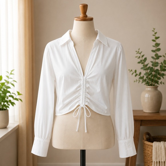 Love Potion Tops - Love‎ Potion Cinched Front Blouse Womens Small White Cotton Long Sleeve Cropped